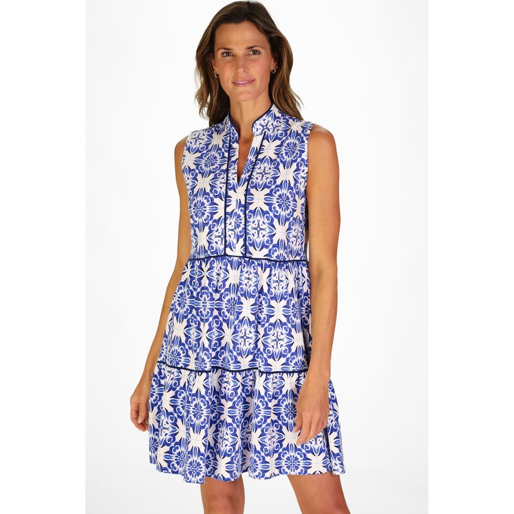 Duffield Lane Robin Dress Amalfi Tiles Blue White Tiered Sleeveless Large NEW